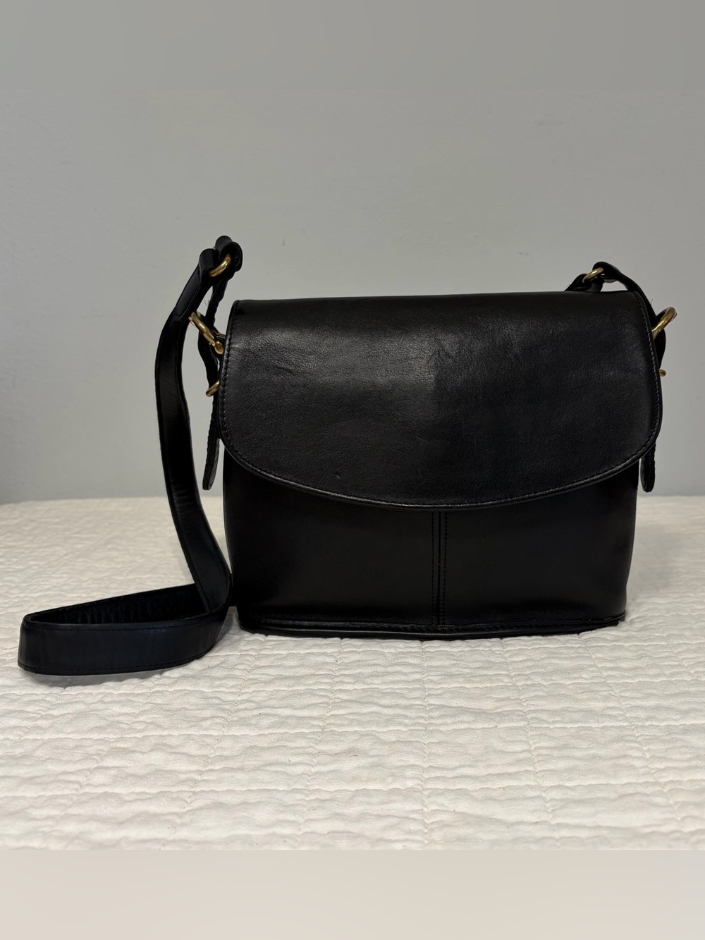 Vintage Coach Equestrian Large Flap Bag (#9807) in Navy Leather & Brass Hardware